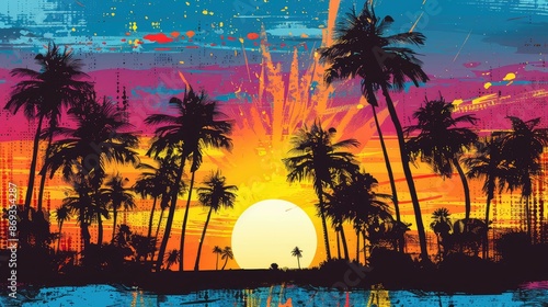 Vibrant palm tree silhouettes against a glowing sunset backdrop