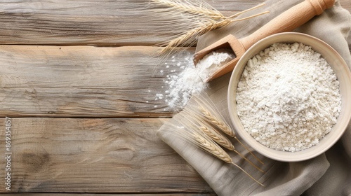 A flat lay image of a bowl of white flour on a rustic wooden table, surrounded by wheat sprouts, a rolling pin, and a linen cloth