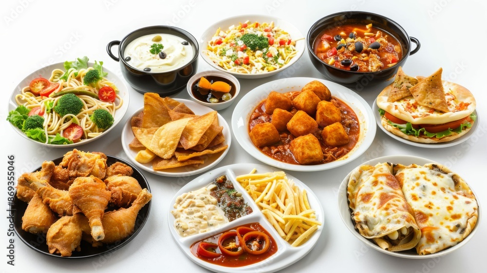 Variety of Middle Eastern food, including fried chicken, pasta salad, chips, french fries, and dips. Variety of Middle Eastern food, including fried chicken, pasta salad, chips, french fries, and dips.
