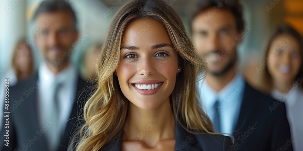 Obraz premium Smiling Businesswoman with Team in Background. Smiling businesswoman in focus, with her team in the blurred background, representing teamwork and leadership in a professional setting.