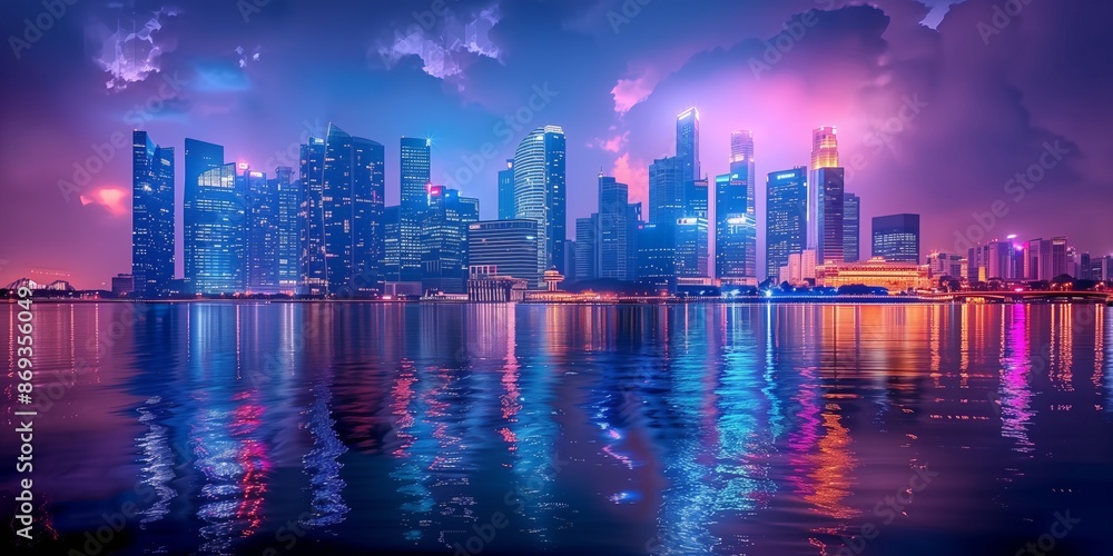 Fototapeta premium Vibrant Night Skyline with Reflections. Vibrant city skyline illuminated at night with colorful reflections on the water, showcasing the lively urban nightlife and architecture.