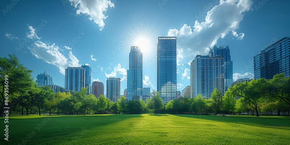 Fototapeta premium Sunny City Park with Skyscrapers. Bright, sunny day in a city park with lush green grass and tall skyscrapers in the background, highlighting the blend of nature and urban life.