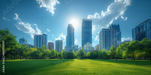 Sunny City Park with Skyscrapers. Bright, sunny day in a city park with lush green grass and tall skyscrapers in the background, highlighting the blend of nature and urban life. © Old Man Stocker