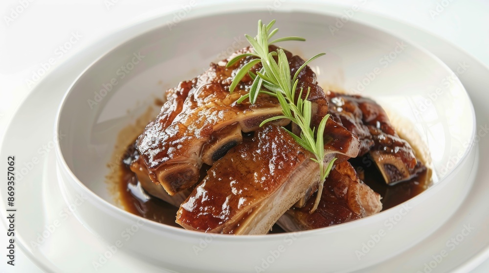 Delicious glazed pork ribs served on a white plate with fresh rosemary. Delicious glazed pork ribs served on a white plate with fresh rosemary.