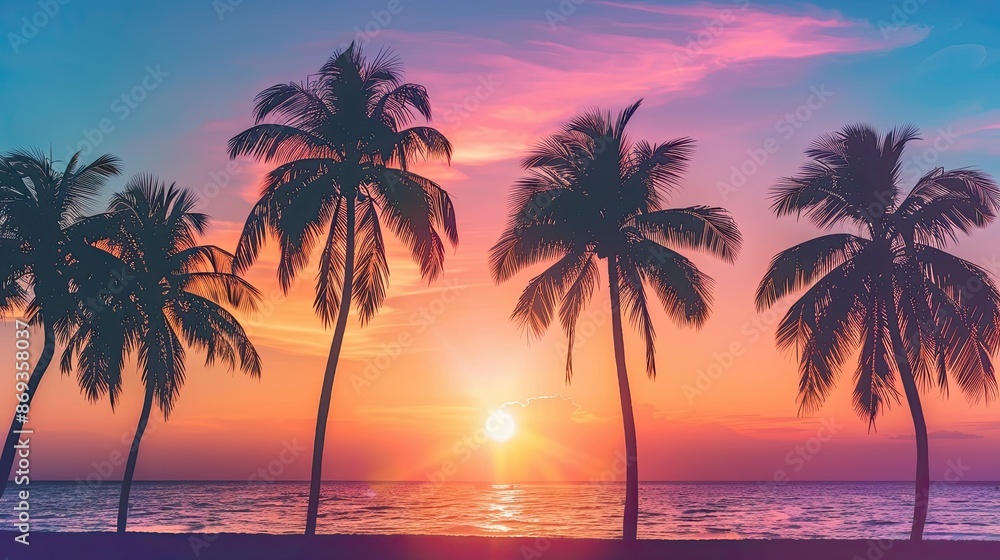 Vibrant palm tree silhouettes against a glowing sunset backdrop Vibrant palm tree silhouettes against a glowing sunset backdrop