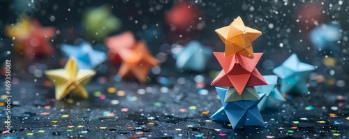 A stack of colorful origami stars forming a constellation on a dark background (realistic) photo