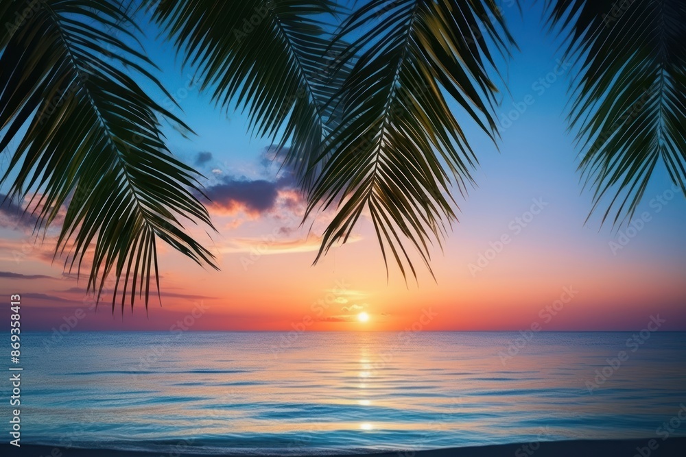 Palm leaves border sky sea outdoors. Palm leaves border sky sea outdoors.
