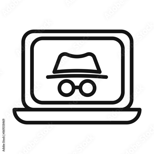 Laptop with incognito mode icon mark in filled style