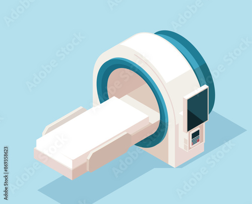 Isometric medical equipment. Modern computed tomography or MRI apparatus for diagnosing and examining patient. Device for clinic or hospital. 3D vector illustration isolated on blue background