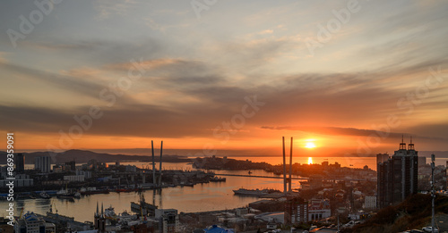 Vladivostok cityscape, dramatic sunset sky. © Vladimir Arndt