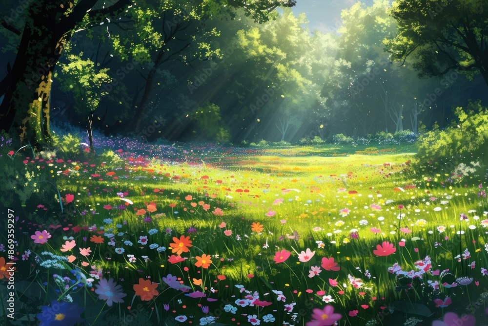 Obraz premium Colorful spring flower field forest landscape grassland.
