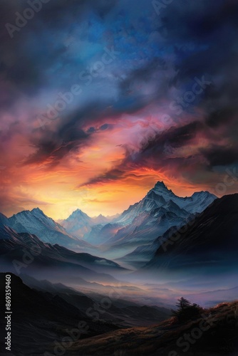 a mountain range landscape with the view of a vibrant colorful sunrise
