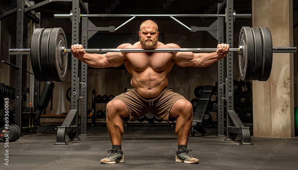 A muscular man is performing an intense squat with a heavily weighted barbell in a gym, exemplifying determination, physical strength, and discipline. A muscular man is performing an intense squat with a heavily weighted barbell in a gym, exemplifying determination, physical strength, and discipline.