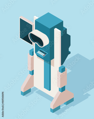 Isometric medical equipment. Icon with modern gadget for diagnosing and examining patient vision. Ophthalmological device for eye treatment. 3D vector illustration isolated on blue background