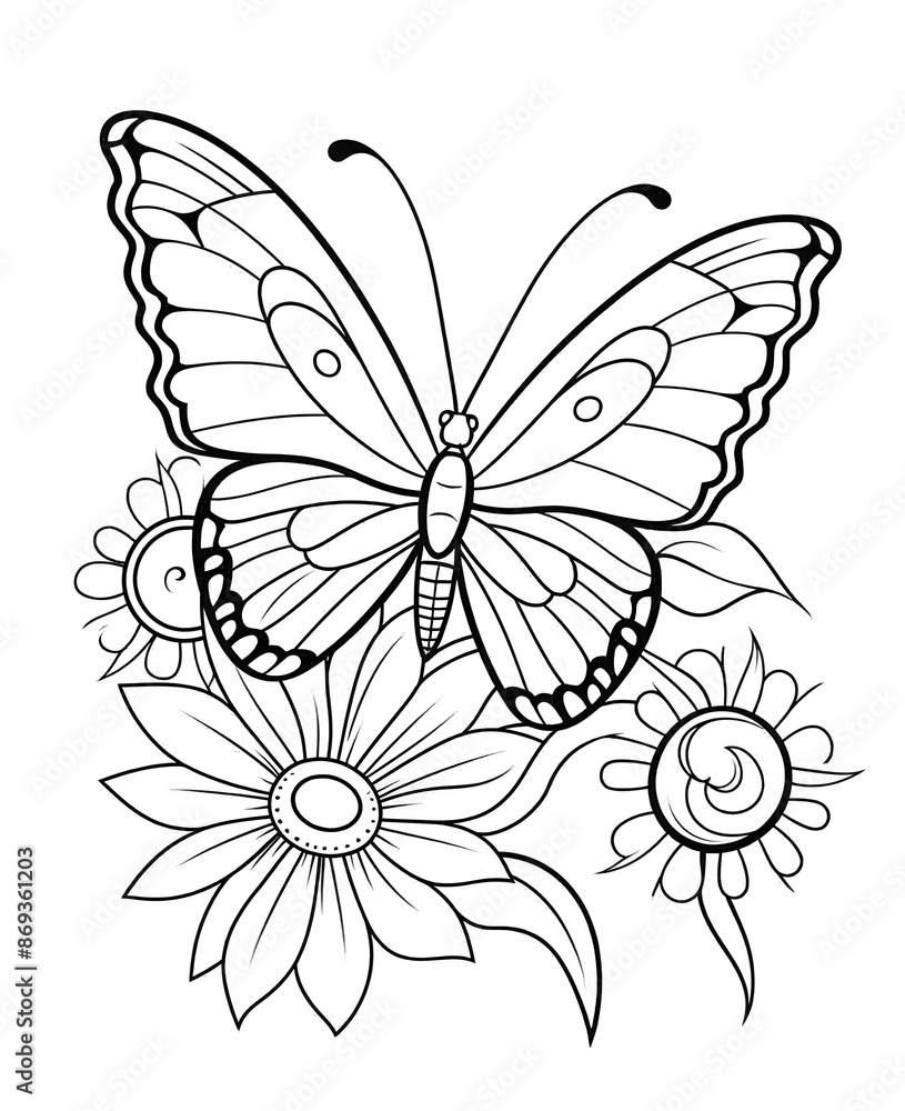 Happy Butterfly And Flower Coloring Book. Black and white Moth vector illustration for children coloring page. Happy Butterfly And Flower Coloring Book. Black and white Moth vector illustration for children coloring page.