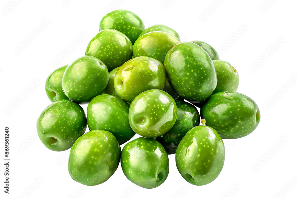 Green Castelvetrano olives, glossy and plump, with a small sprig of green leaves, isolated on a white background. Green Castelvetrano olives, glossy and plump, with a small sprig of green leaves, isolated on a white background.