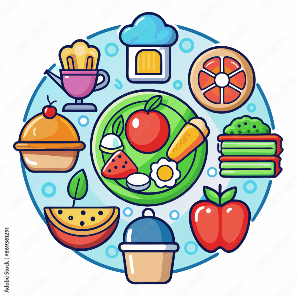 Fototapeta premium A simple vector icon illustration depicting the category of Food items at center for a website isolated white background 