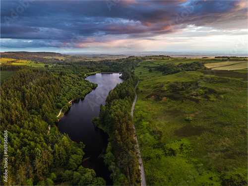 Sunset over Cod Beck Reservoir from a drone, North York Moors National Park, North Yorkshire, England photo