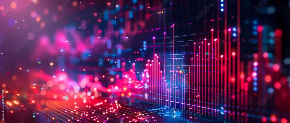 Obraz premium Futuristic Data Visualization. A futuristic data visualization image showcasing neon lights and digital graphs. The vibrant pink and blue hues create a high-tech and dynamic feel. Big Data Concept.