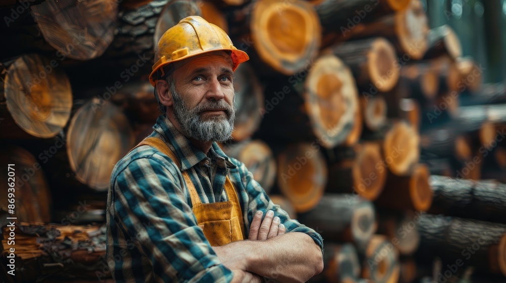 custom made wallpaper toronto digitalA mature lumberjack with crossed arms, posing in front of piled wooden logs.