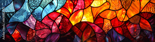 Vibrant Stained Glass Abstract. A vibrant abstract image featuring intricate stained glass patterns in rich hues of red, orange, yellow, and blue. The design highlights the texture and luminosity. photo