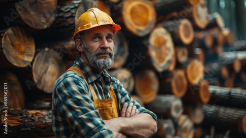 Wallpaper Mural A mature lumberjack with crossed arms, posing in front of piled wooden logs. Torontodigital.ca