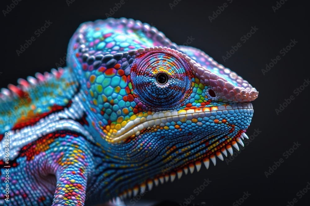 Close-up of a chameleon's face showcasing its brightly colored and patterned skin. Close-up of a chameleon's face showcasing its brightly colored and patterned skin.