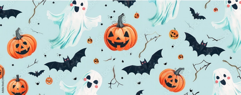 Halloween pattern with playful ghosts, bats, and jack-o'-lanterns on a light blue background
