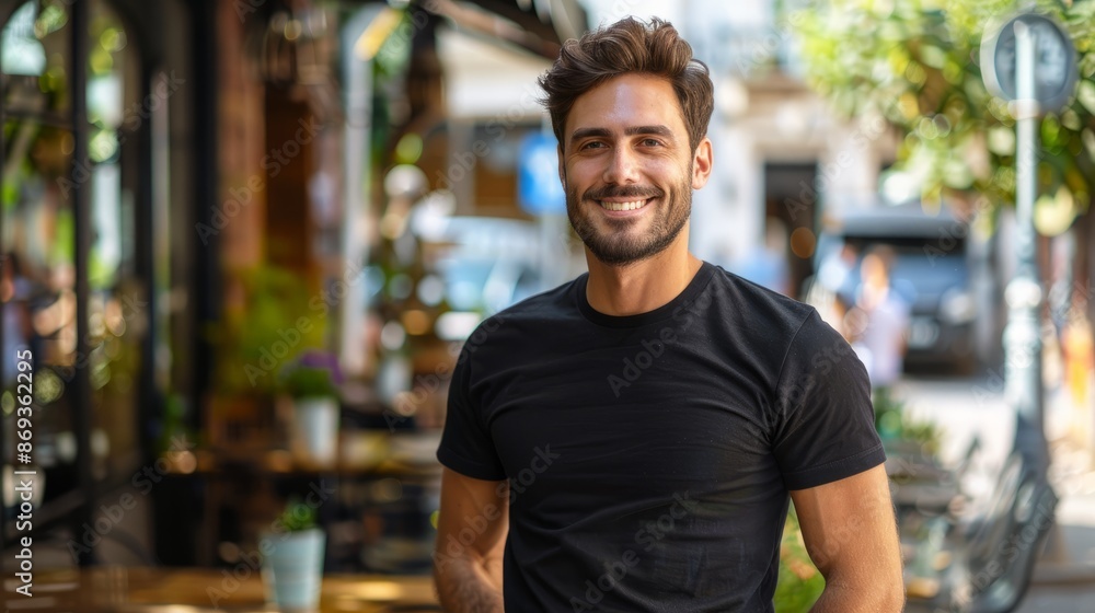Handsome Male Model Wearing Black T-shirt in Urban Cafe Setting Handsome Male Model Wearing Black T-shirt in Urban Cafe Setting