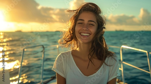 Radiant Young Woman in White T-Shirt Enjoying Sun on Luxury Yacht in Ocean | Summer Vacation Concept photo