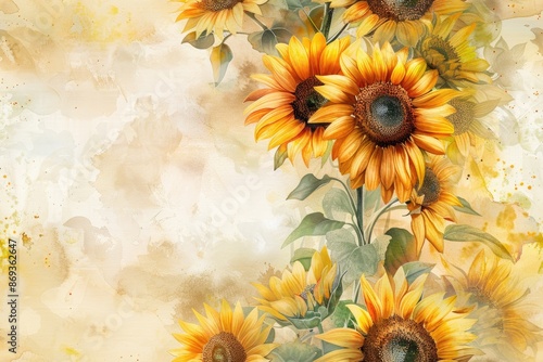 Watercolor retro sunflowers background, seamless pattern