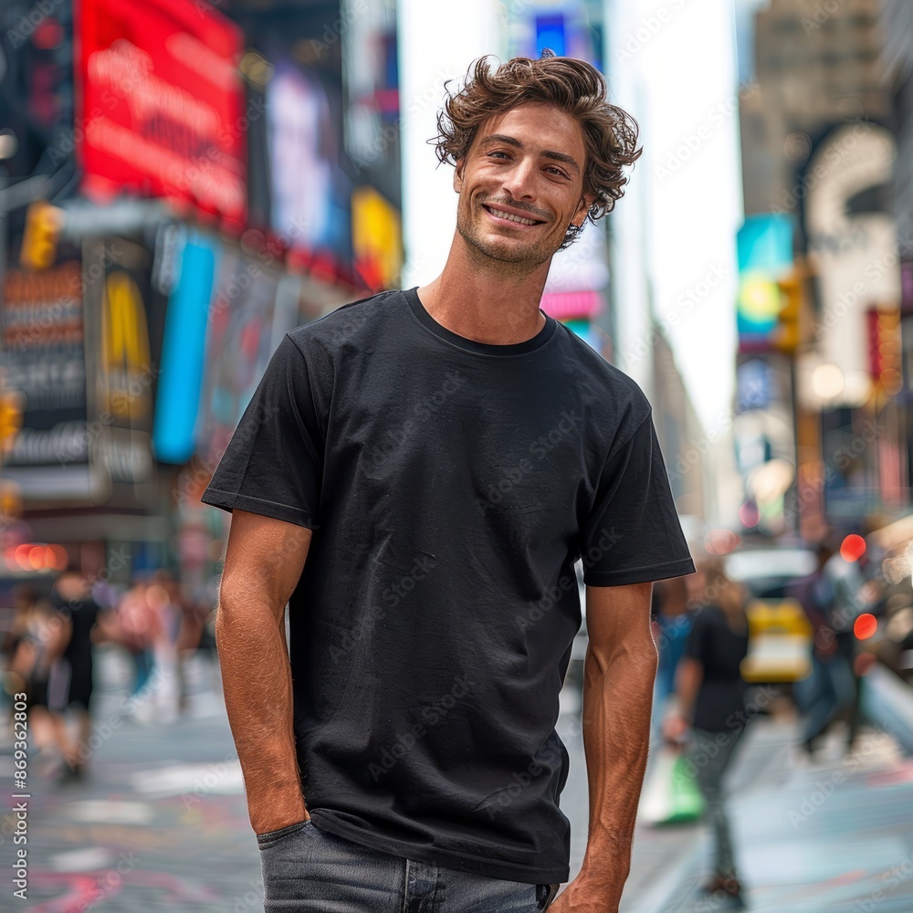 Handsome Male Model Wearing Black T-Shirt in Times Square, New York City - Ultra HD Mockup in Full Sunlight Handsome Male Model Wearing Black T-Shirt in Times Square, New York City - Ultra HD Mockup in Full Sunlight
