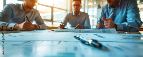 A close-up of a hopeful business team strategizing on a project, with a focus on rich colors and ample copy space. Double exposure silhouettes incorporate elements of the project plans.