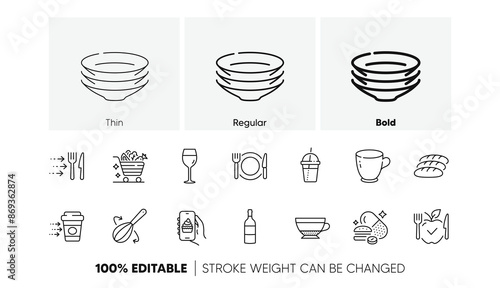 Food app, Coffee cocktail and Tea cup line icons. Pack of Overeating pills, Dry cappuccino, Vegetarian food icon. Bread, Dishes, Wine bottle pictogram. Vegetables cart, Cooking whisk. Vector
