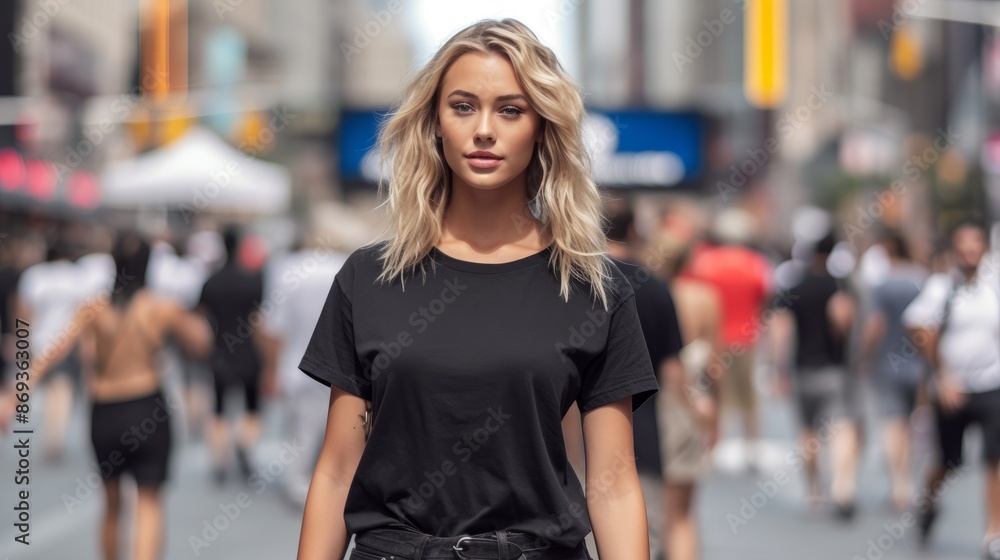 Stylish Woman in Oversized Black T-Shirt Mockup at Times Square New York in Full Sunlight Stylish Woman in Oversized Black T-Shirt Mockup at Times Square New York in Full Sunlight
