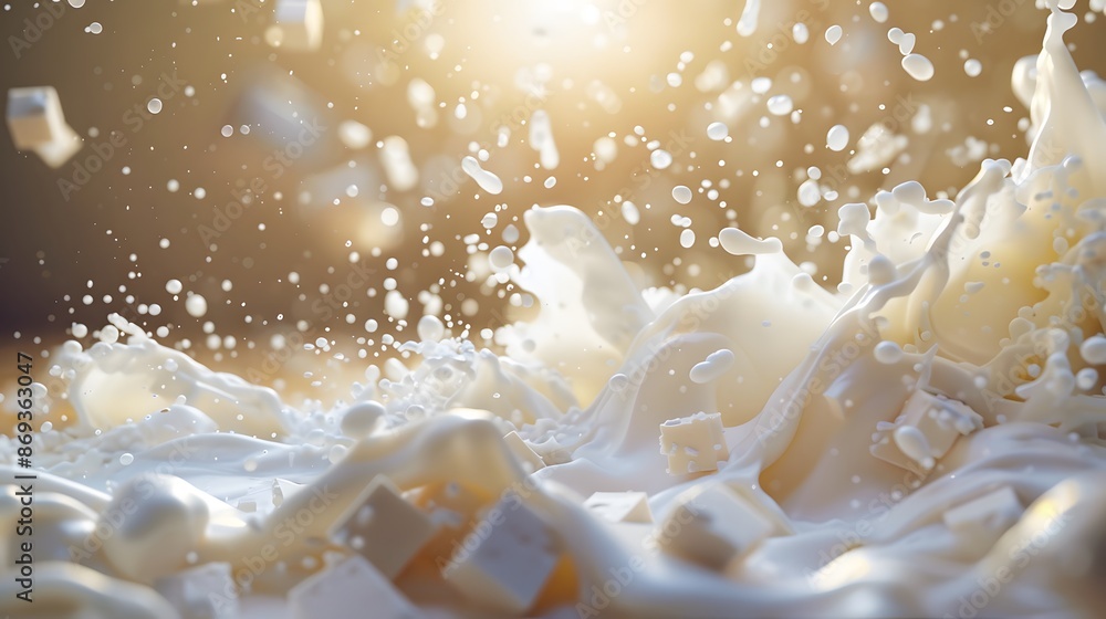 Dynamic Splash of Milk with Floating Cubes in Golden Sunlight - High-Speed Photography Dynamic Splash of Milk with Floating Cubes in Golden Sunlight - High-Speed Photography
