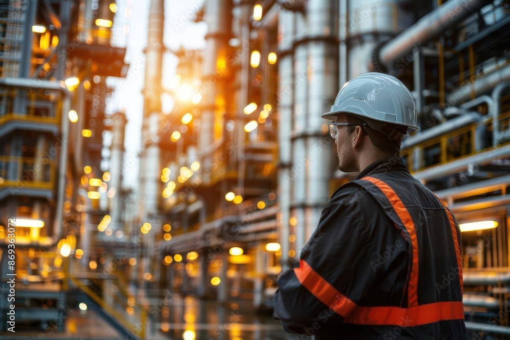 Process engineer in oil refinery close up, focus on, copy space bright pipes, Double exposure silhouette with refinery infrastructure Process engineer in oil refinery close up, focus on, copy space bright pipes, Double exposure silhouette with refinery infrastructure