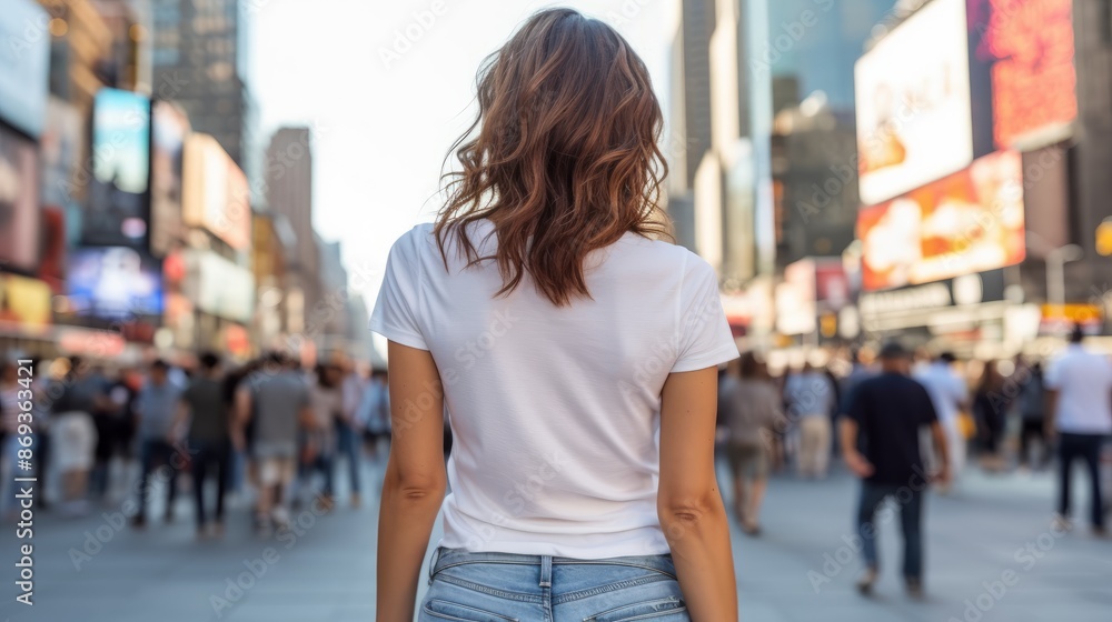 Stylish Woman in White T-shirt Mockup at Times Square New York under Sunlight Stylish Woman in White T-shirt Mockup at Times Square New York under Sunlight