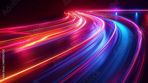 Abstract background with neon light trails, speed effect on black backdrop. Glowing curved lines of colored lights in motion, glowing streaks of colorful bright glow isolated. Vector illustration.