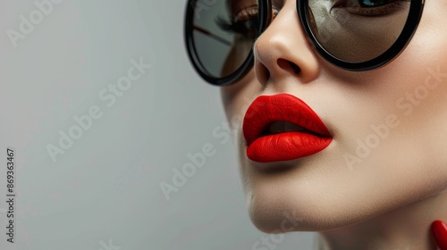 Close-up of a glamorous female model with artistic makeup wearing funky sunglasses. Attractive woman with red lipstick and nailpaint looking away on grey background  photo