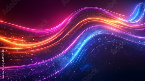 Colorful glowing neon light lines forming dynamic curves on black background. Abstract futuristic digital design element. High speed shutter photography with motion blur effect. Shiny glowing lights