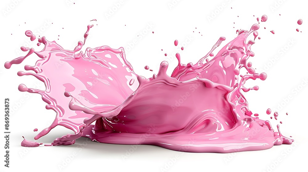 Pink liquid paint splash isolated on white background, closeup. Pink splashes of pink milk or lipstick cream with drops. Abstract shape for design element and decoration. , photo realistic, Pink liquid paint splash isolated on white background, closeup. Pink splashes of pink milk or lipstick cream with drops. Abstract shape for design element and decoration. , photo realistic,