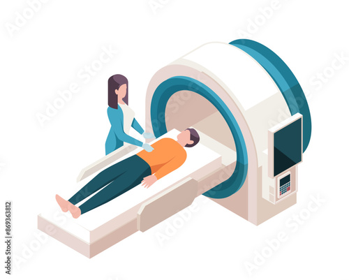 Isometric medical worker. Doctor examines patient using MRI or CT scanner. Treatment of diseases and healthcare. Therapist in clinic or hospital. 3D vector illustration isolated on white background