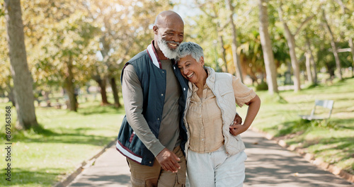 Fotografie Love, happy and senior couple in park for walk, exercise and fitness in retirement in nature or forest
