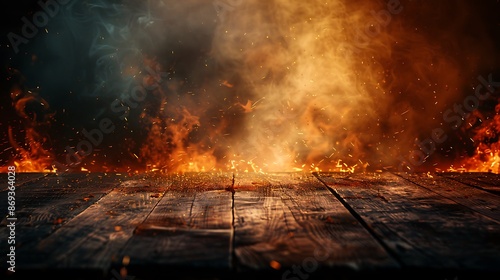 The background is an empty wooden table with flames, sparks flying around it. The floor has no text or objects on top of the wood. It's a dark environment with orange and red fire. A large flame photo
