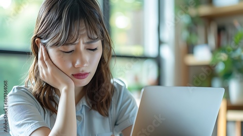 A Japanese woman is sitting at her desk in the living room, holding her neck in pain and using a laptop computer for work. She has shoulder-length hair with bangs on one side of her head, wearing Free Download A Japanese woman is sitting at her desk in the living room, holding her neck in pain and using a laptop computer for work. She has shoulder-length hair with bangs on one side of her head, wearing - GFXLoad