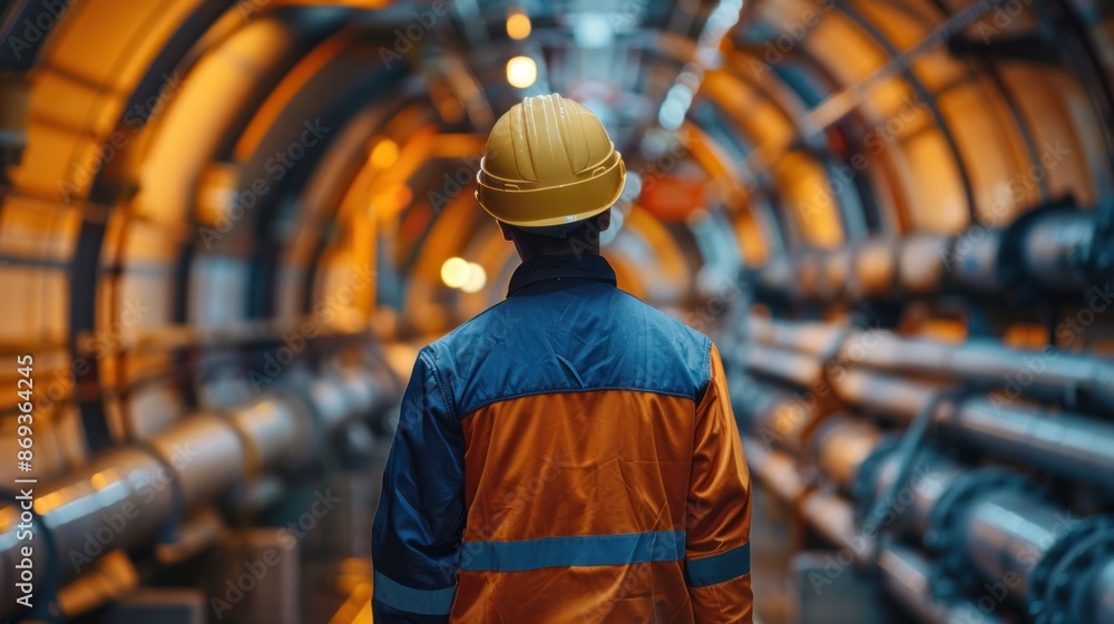 Male inspector conducting checks on steel pipes and elbows at refinery. Male inspector conducting checks on steel pipes and elbows at refinery.