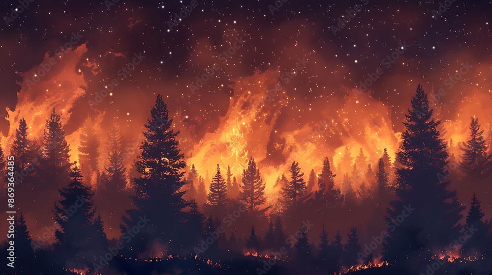A forest fire under the night sky, smoke rising and trees burning in silhouette. The scene is set against an ominous background with stars shining through the clouds of thick dark gray ash falling A forest fire under the night sky, smoke rising and trees burning in silhouette. The scene is set against an ominous background with stars shining through the clouds of thick dark gray ash falling