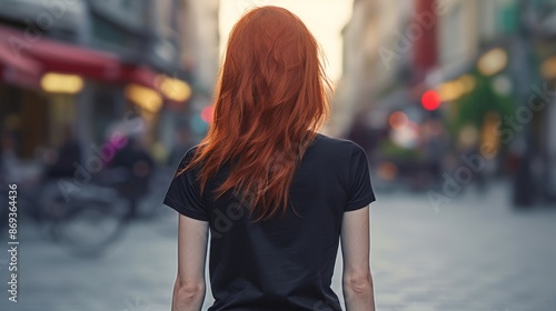 Urban Fashion Presence - Blonde Woman in #000000 Black T-Shirt Mockup at Busy City Street Corner photo