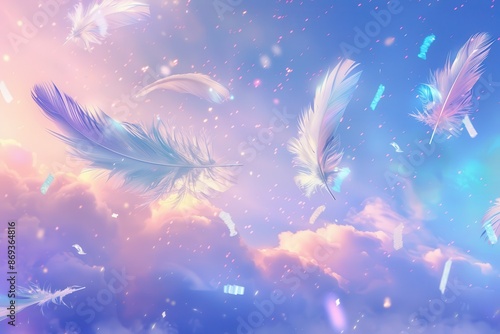 Wallpaper Mural White feathers floating in the sky with a pastel-colored background, creating a dreamy atmosphere. Torontodigital.ca